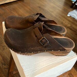 Sanita Brown Leather Studded Clogs Mules